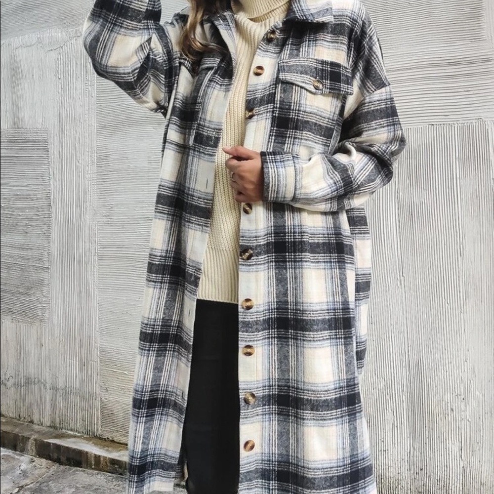 Cozy plaid Long button up jacket Shacket pockets oversized - Picture 2 of 5